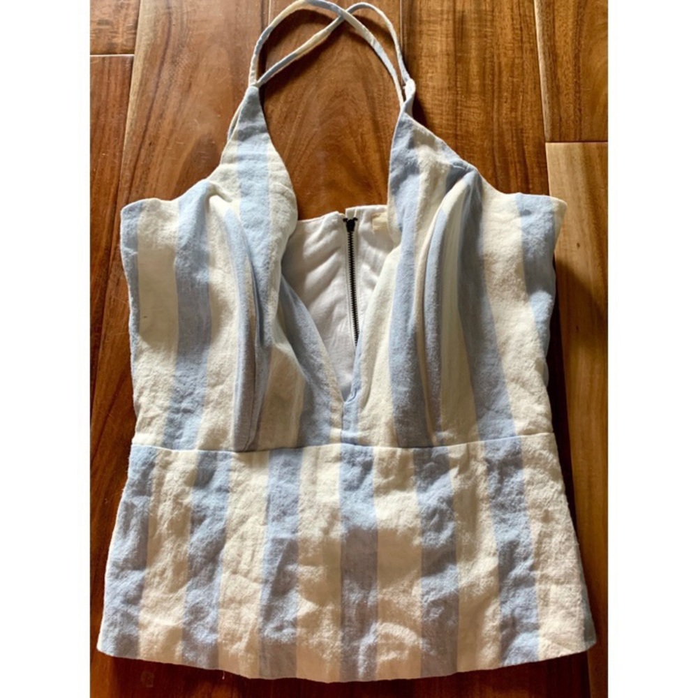 Olivaceous Plunge Neck Stripe Linen Peplum Top S